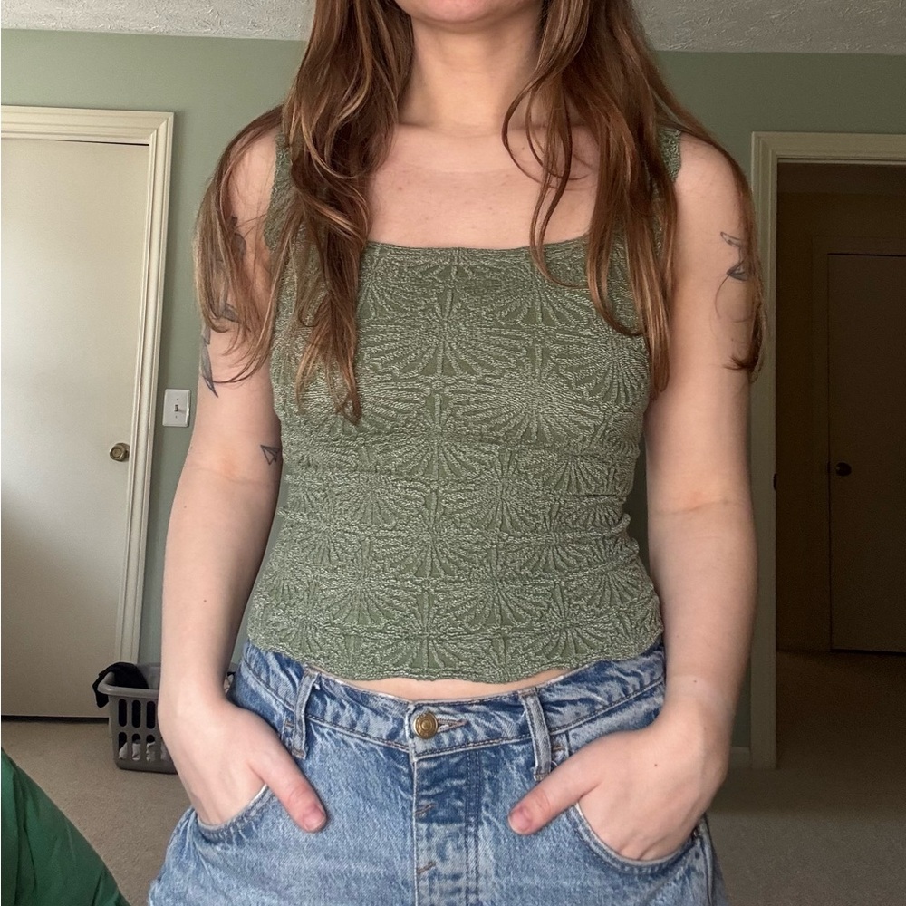 Free People Love Letter Olive Green Textured Square-Neck Cami